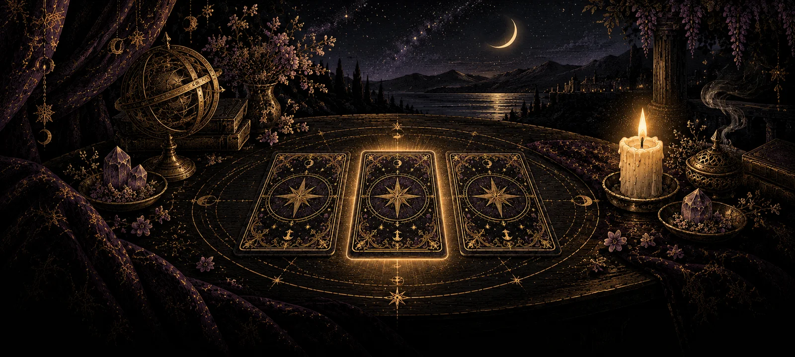 Bàn trải bài tarot dưới ánh nến